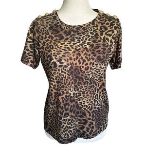 Veronica Beard black & tan animal leopard print t-shirt with button detail XS